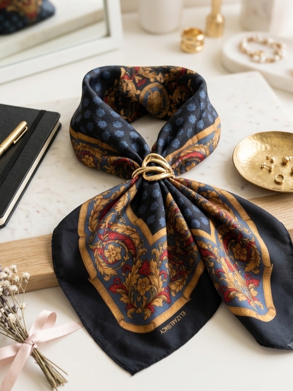 VTG Ellen Tracy Silk Scarf Square Black Blue Gold Baroque Floral Pattern No Tag